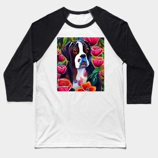 Boxer Dog Floppy Ears Puppy Whimsical Portrait Hiding in Wildflowers Secret Garden Digital Art Watercolor Painting Baseball T-Shirt